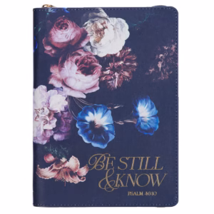 be still and know midnight blue floral faux leather classic journal with zipper closure psalm 46:10