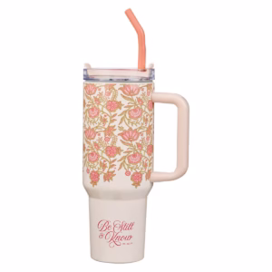 be still and know pink spring floral 40 oz tumbler with straw psalm 46:10